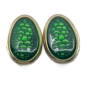Emerald And Gold Tone Oval Clip Earrings with Scale Design